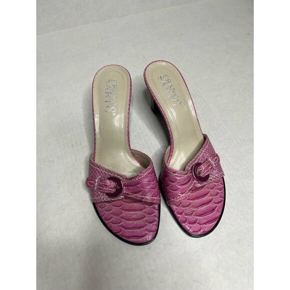 Franco Sarto Iconic Open Toe Pink Princess Chunky Buckle Detail Coquette Mules - Picture 4 of 6